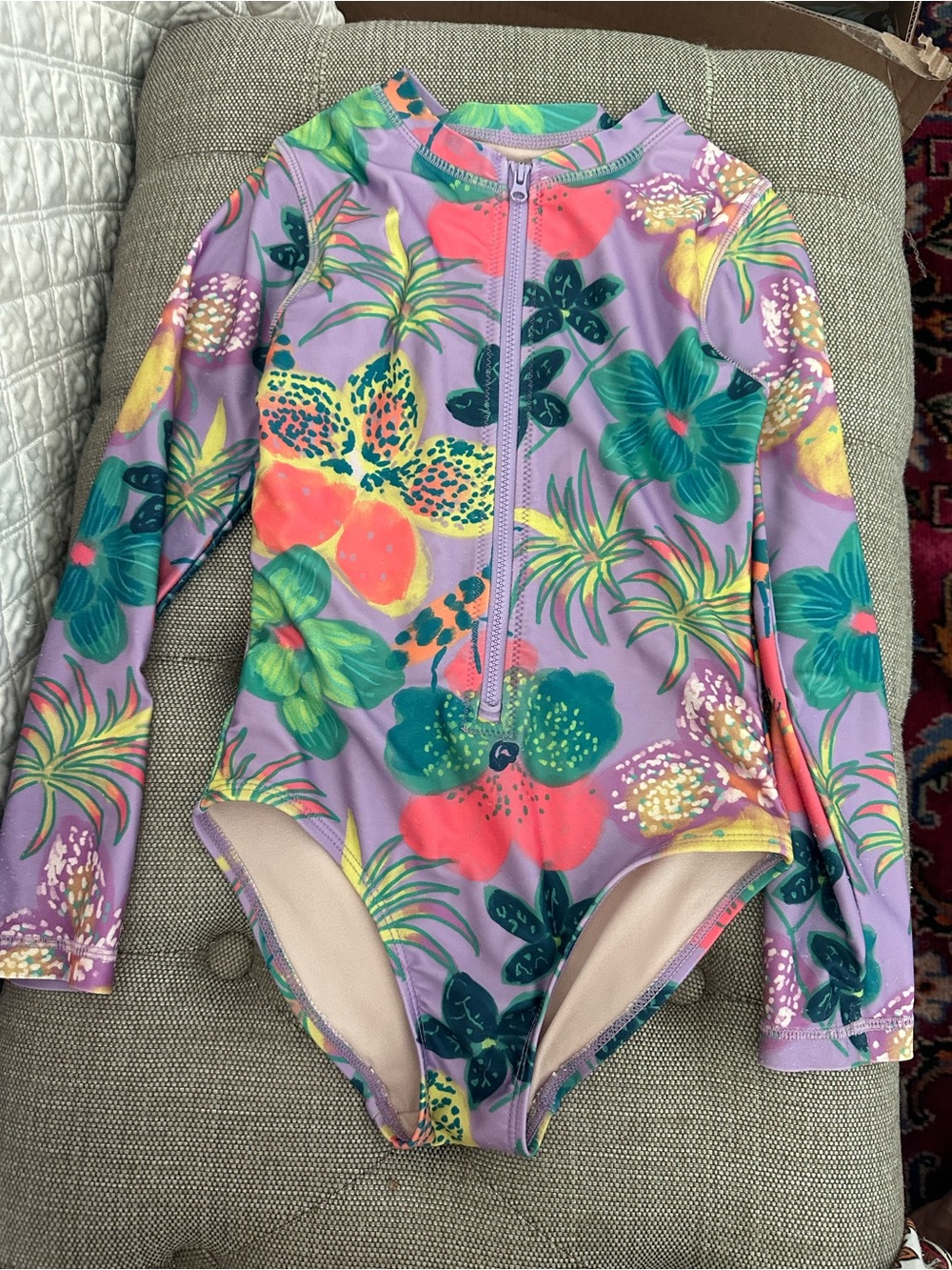 Tea Collection Floral Long-Sleeve One-Piece Swim sz 7
